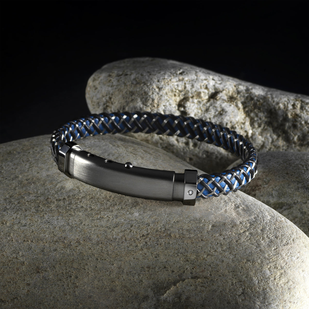 AIZU Braided Leather Bracelet For Men - Black Blue Woven With Stainless Steel Spring Clasp